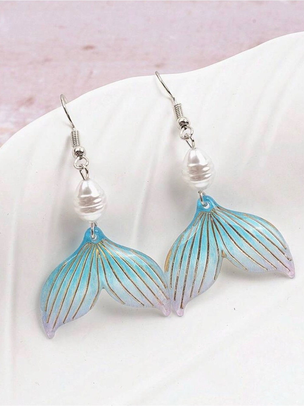 Blue Mermaid Tail Drop Earrings with Pearl Accent - Picture 2 of 7